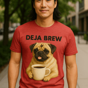 “Déjà Brew” Funny Pug Coffee T-Shirt | Dog Lover Humor Tee | Morning Caffeine Parody (Next Level Tri-Blend)